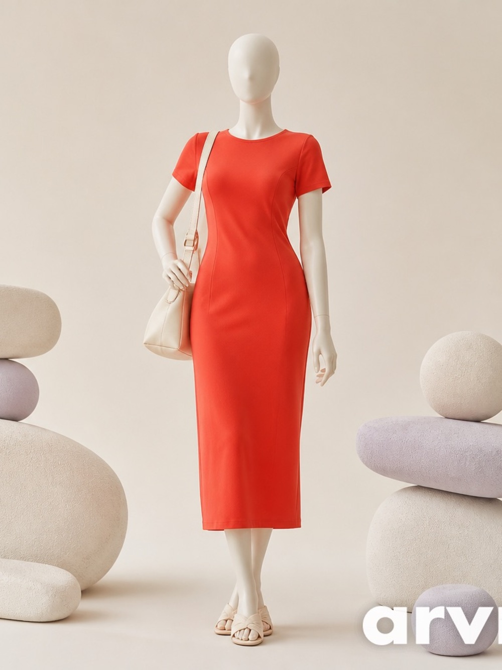 Zara Coral Red Short-Sleeve Midi Sheath Dress